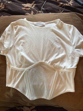 12th Tribe White Corset-Detail Short Sleeve Crop Top